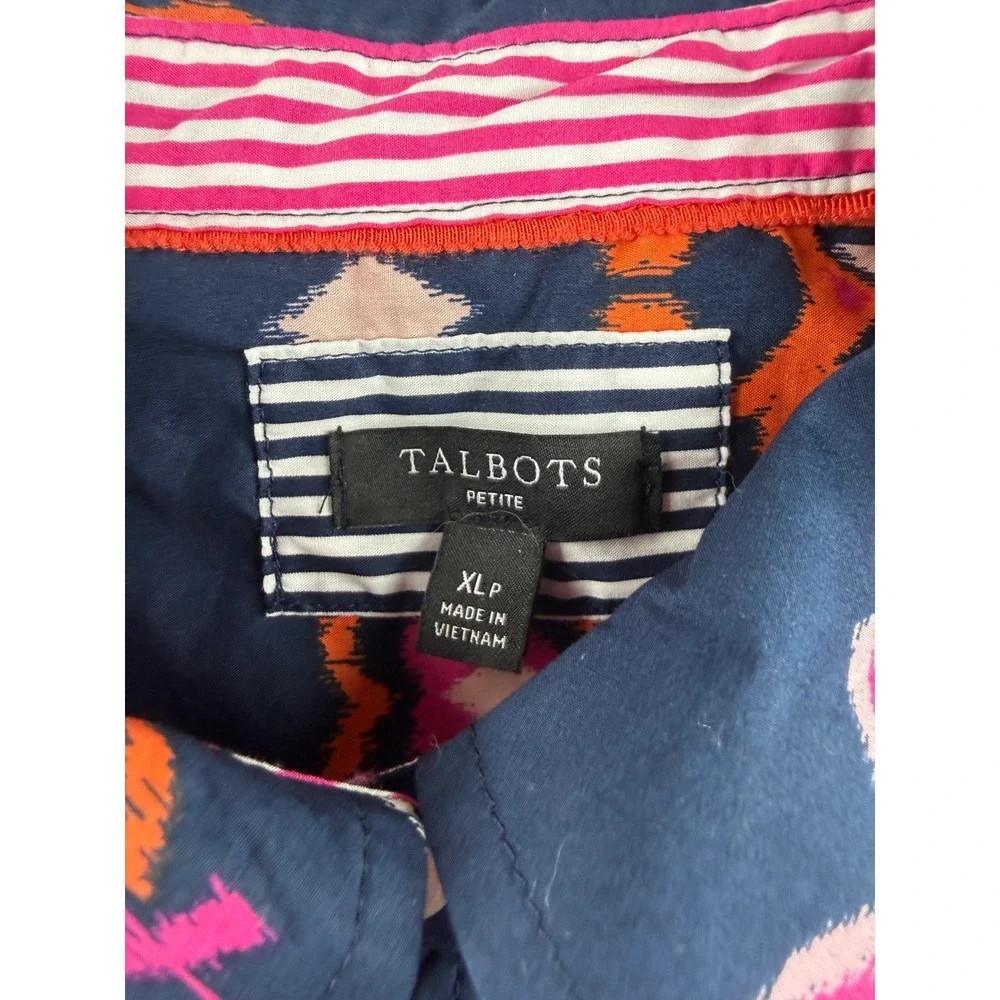 Talbots Petite XLP Navy Blue Ikat Paisley Cotton Button Up Shirt Long Sleeve - Picture 4 of 8